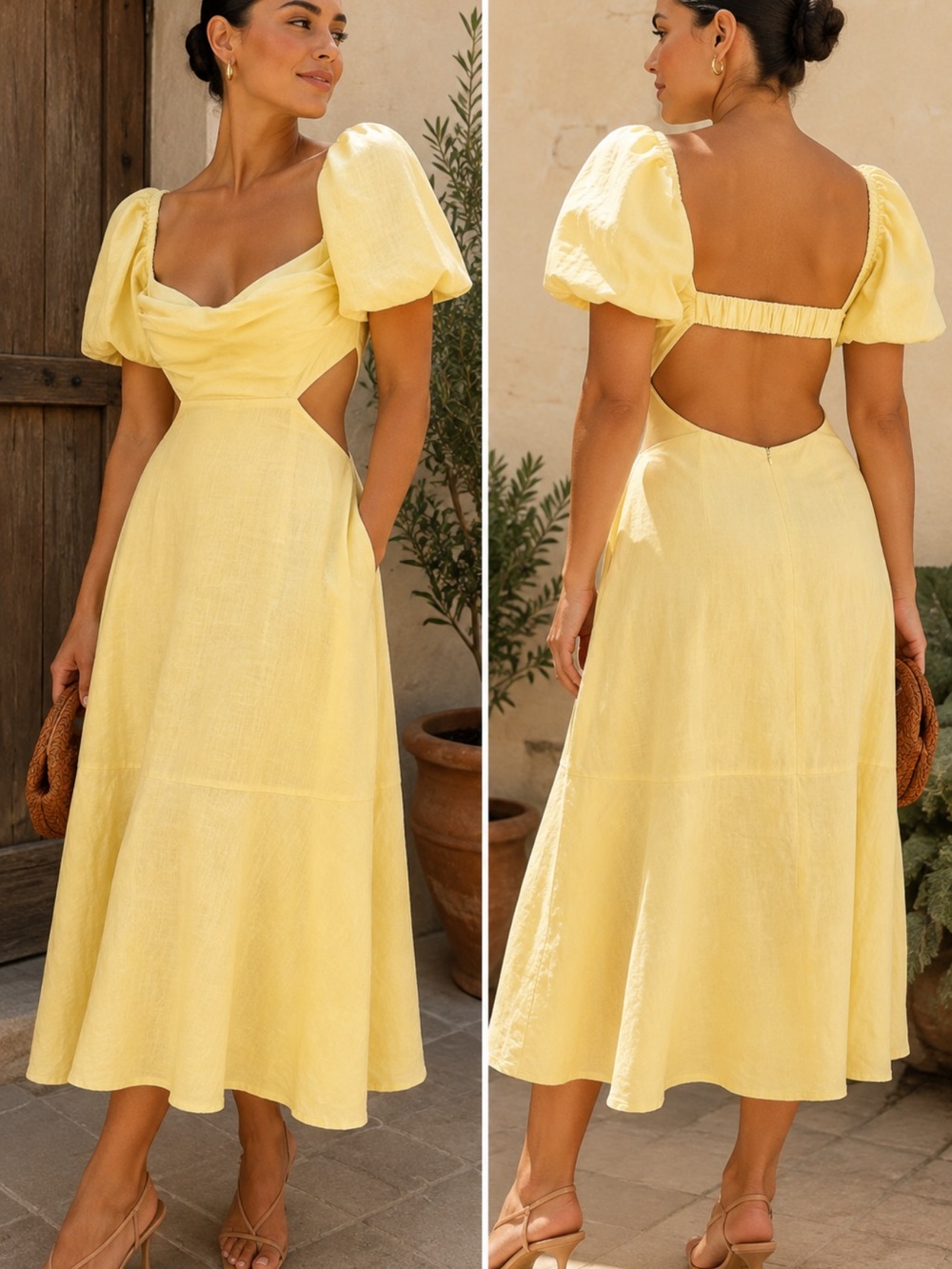 ASTR Winley Lemon Linen Midi Dress L Puff Sleeve Cutout Romantic Coquette